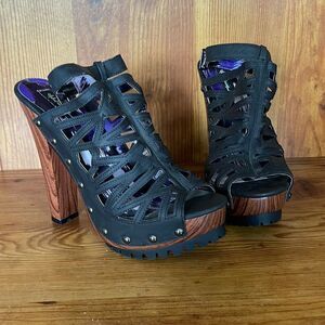 Michael Antonio Studio Women’s Black Strappy Wooden Heels Adjustable Ankle Strap